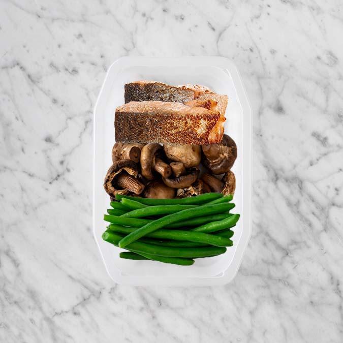 250g Salmon 100g Mushrooms 50g Green Beans