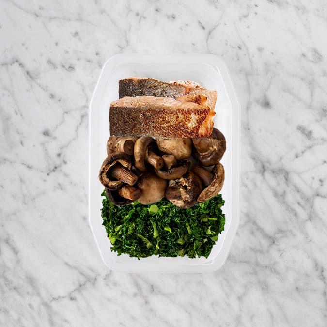 150g Salmon 100g Mushrooms 100g Kale