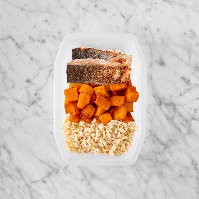100g Salmon 100g Rosemary Baked Sweet Potato 100g Brown Rice