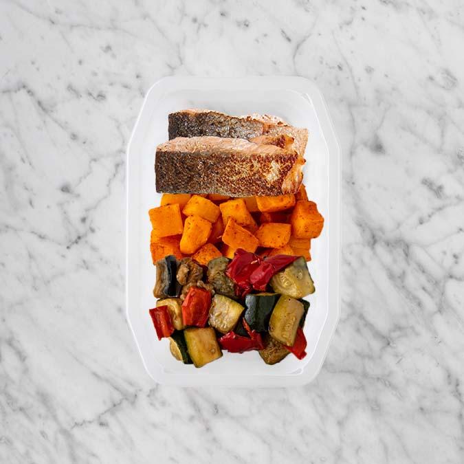 150g Salmon 100g Rosemary Baked Sweet Potato 100g Char Veg