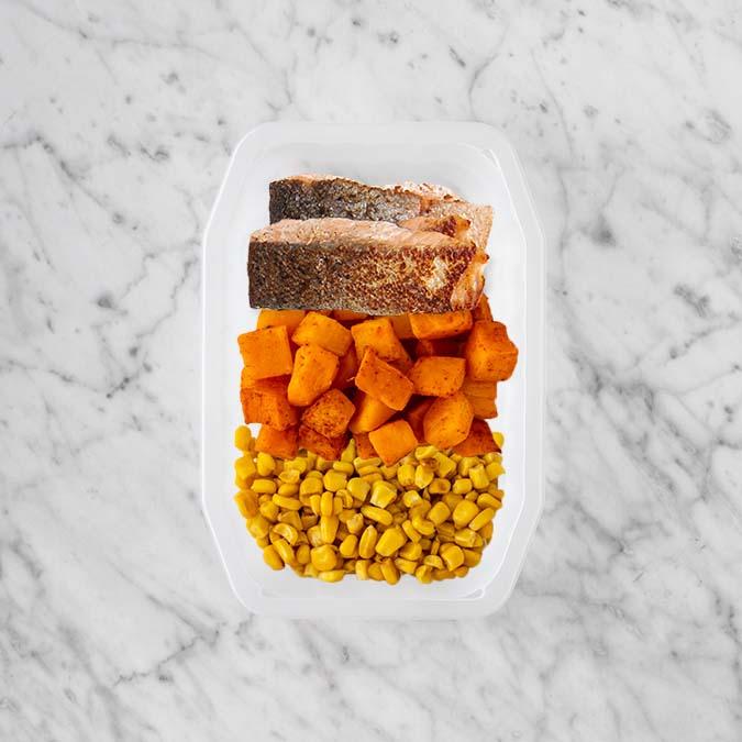 150g Salmon 100g Rosemary Baked Sweet Potato 100g Corn