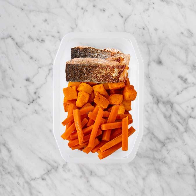 200g Salmon 100g Rosemary Baked Sweet Potato 100g Honey Baked Carrots