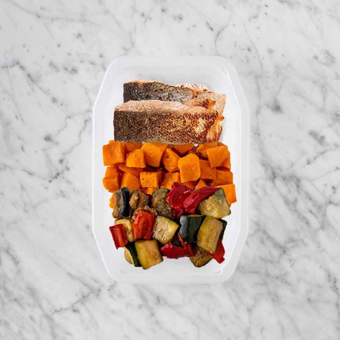 150g Salmon 100g Smokey Pumpkin 100g Char Veg