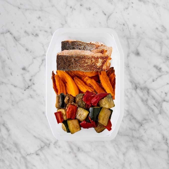 150g Salmon 100g Sweet Potato Fries 100g Char Veg