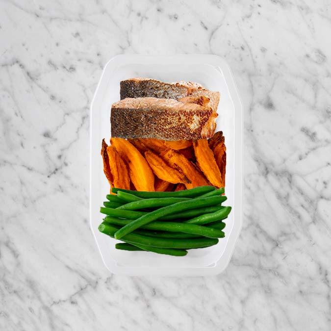 150g Salmon 100g Sweet Potato Fries 100g Green Beans