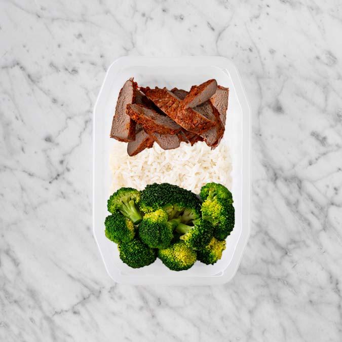 150g Smokey BBQ Steak 100g Basmati Rice 100g Broccoli