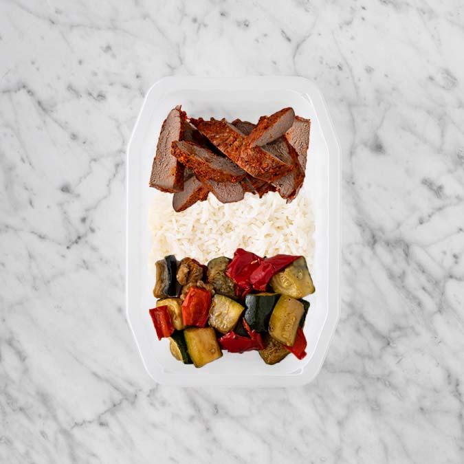100g Smokey BBQ Steak 250g Basmati Rice 200g Char Veg