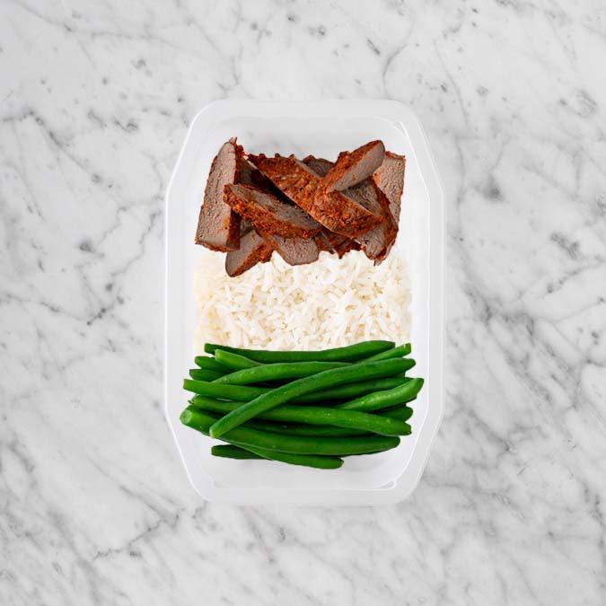 150g Smokey BBQ Steak 100g Basmati Rice 100g Green Beans