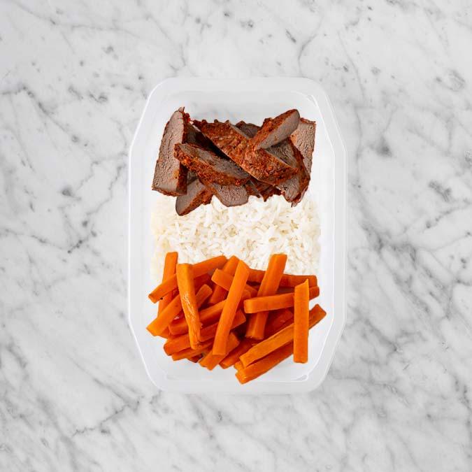 100g Smokey BBQ Steak 200g Basmati Rice 50g Honey Baked Carrots