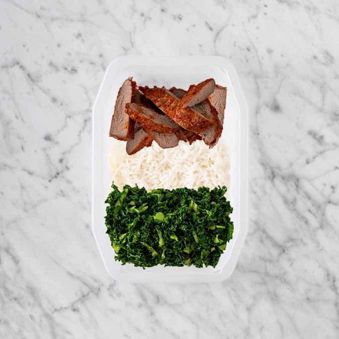 100g Smokey BBQ Steak 50g Basmati Rice 150g Kale