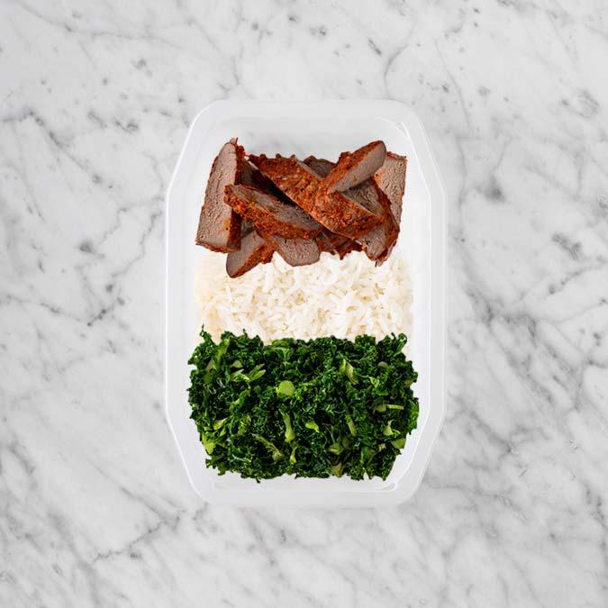 100g Smokey BBQ Steak 200g Basmati Rice 200g Kale