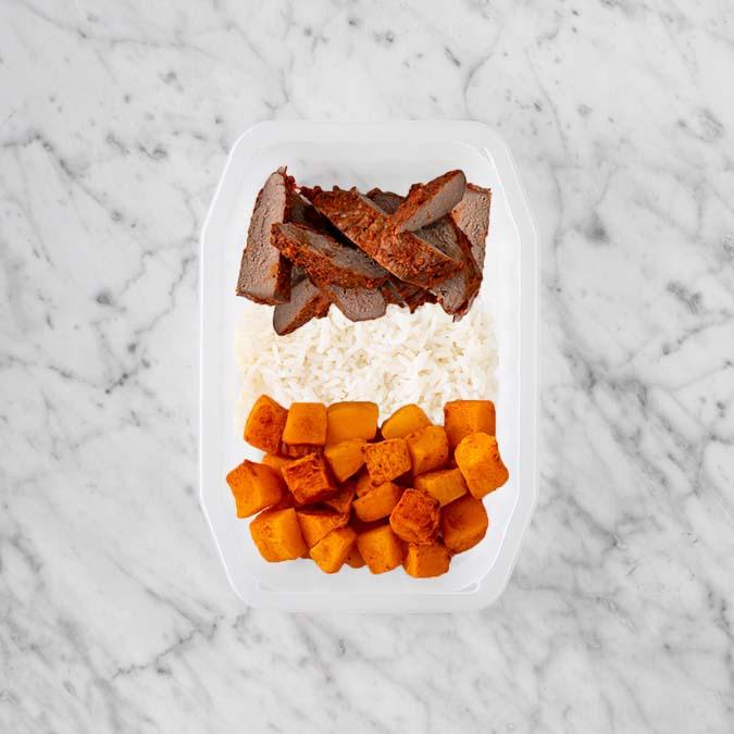 150g Smokey BBQ Steak 200g Basmati Rice 100g Rosemary Baked Sweet Potato