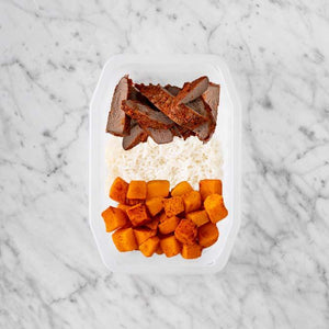 100g Smokey BBQ Steak 200g Basmati Rice 200g Rosemary Baked Sweet Potato