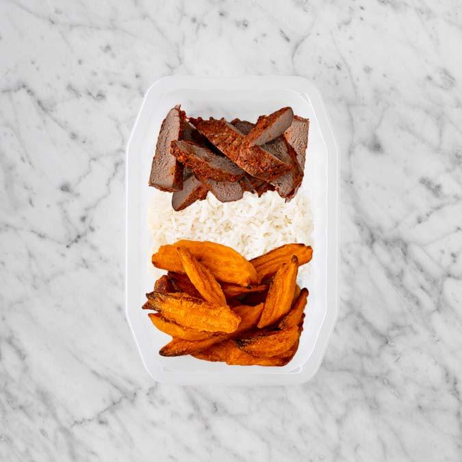 150g Smokey BBQ Steak 100g Basmati Rice 100g Sweet Potato Fries