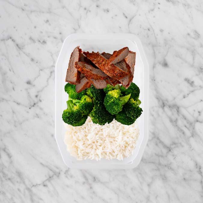 150g Smokey BBQ Steak 100g Broccoli 150g Basmati Rice