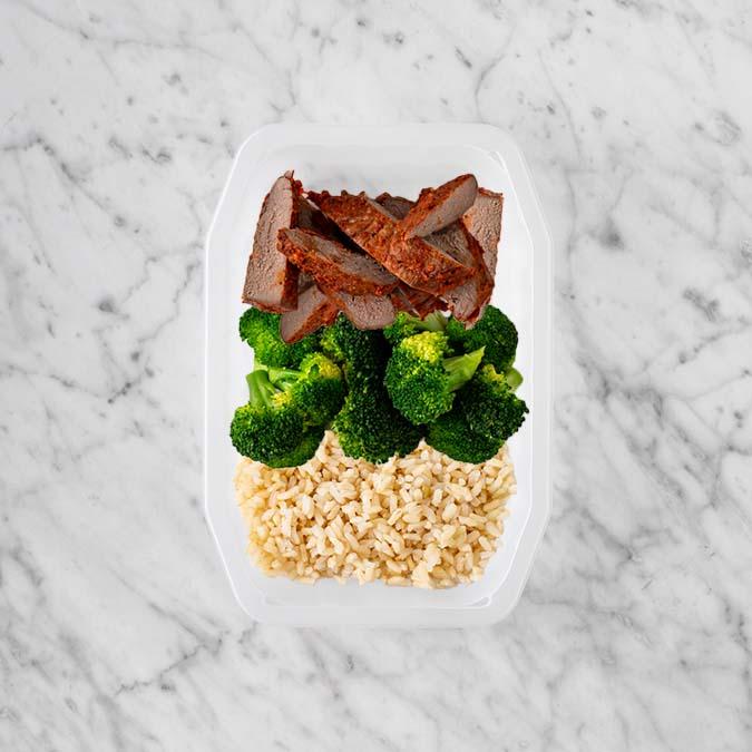 150g Smokey BBQ Steak 100g Broccoli 100g Brown Rice