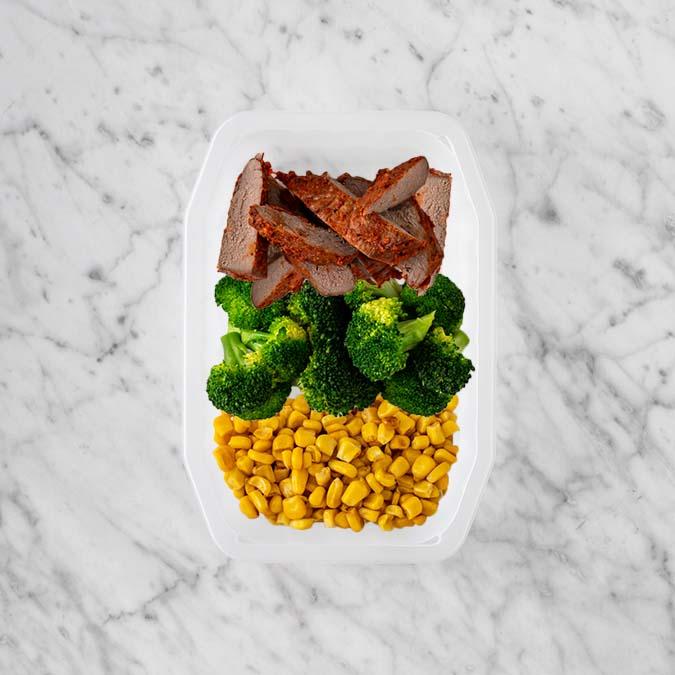 150g Smokey BBQ Steak 100g Broccoli 100g Corn