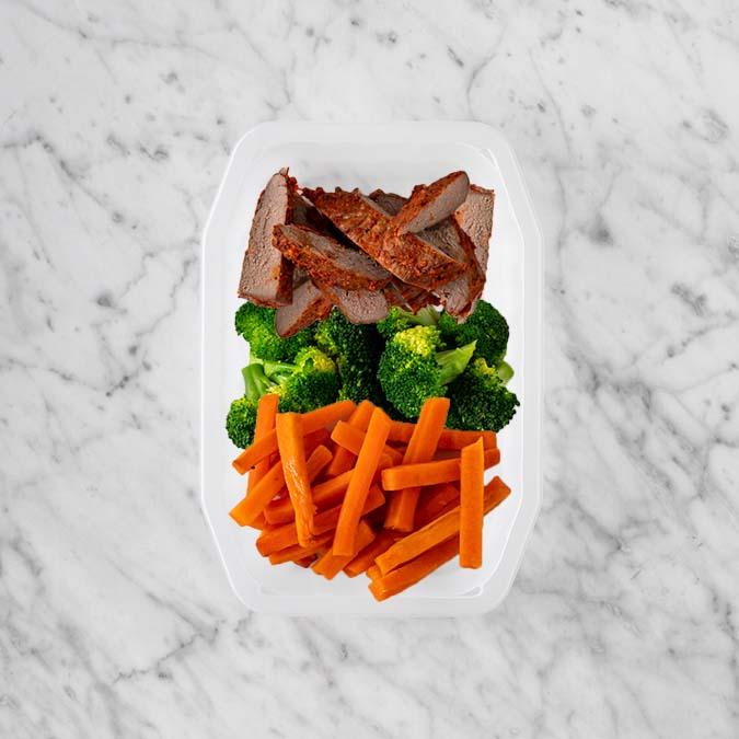 150g Smokey BBQ Steak 100g Broccoli 100g Honey Baked Carrots