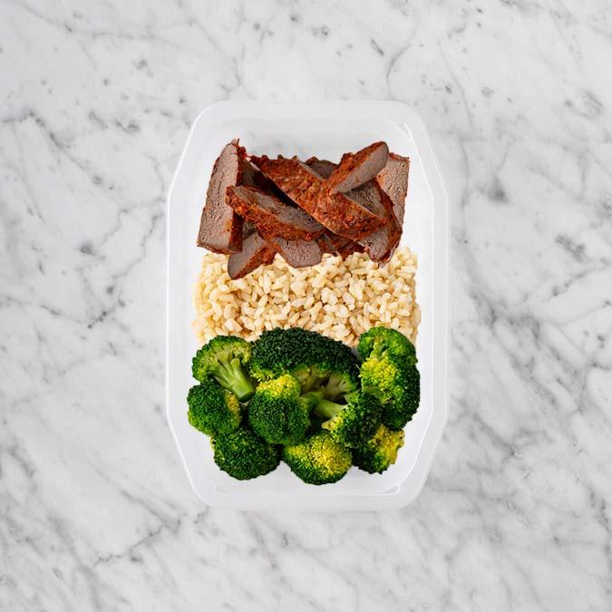 100g Smokey BBQ Steak 100g Brown Rice 100g Broccoli