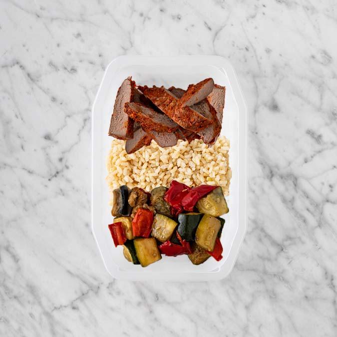 100g Smokey BBQ Steak 200g Brown Rice 50g Char Veg