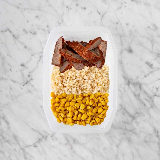 100g Smokey BBQ Steak 200g Brown Rice 50g Corn