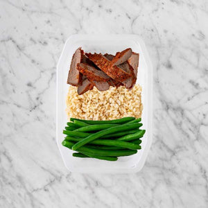 100g Smokey BBQ Steak 200g Brown Rice 150g Green Beans