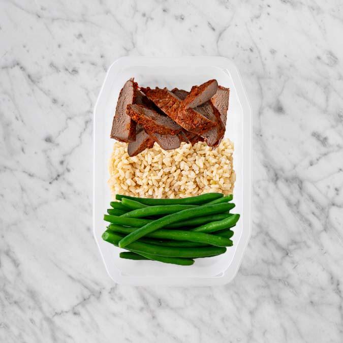 100g Smokey BBQ Steak 200g Brown Rice 150g Green Beans
