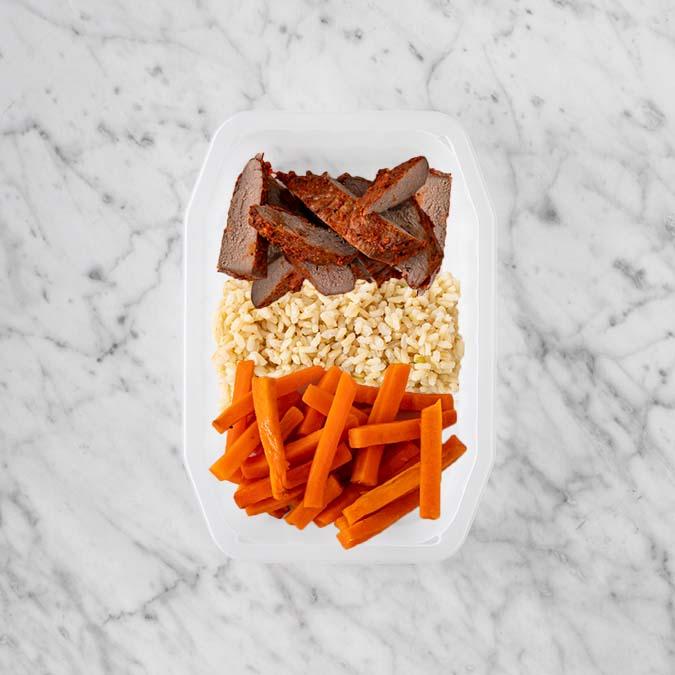 150g Smokey BBQ Steak 100g Brown Rice 100g Honey Baked Carrots