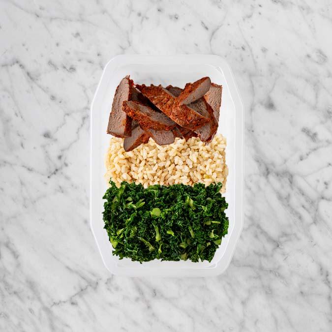 100g Smokey BBQ Steak 200g Brown Rice 250g Kale
