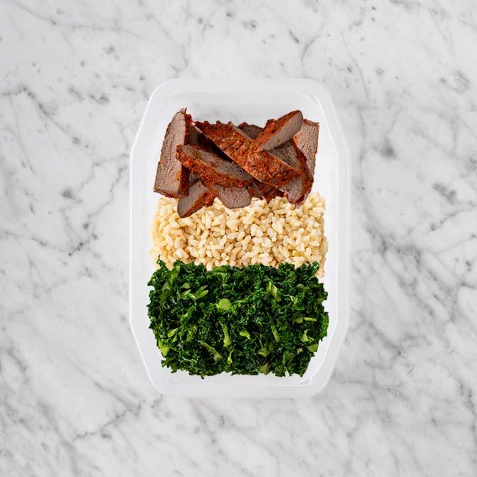 100g Smokey BBQ Steak 50g Brown Rice 150g Kale