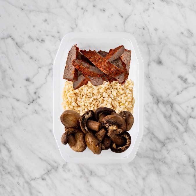 150g Smokey BBQ Steak 100g Brown Rice 100g Mushrooms