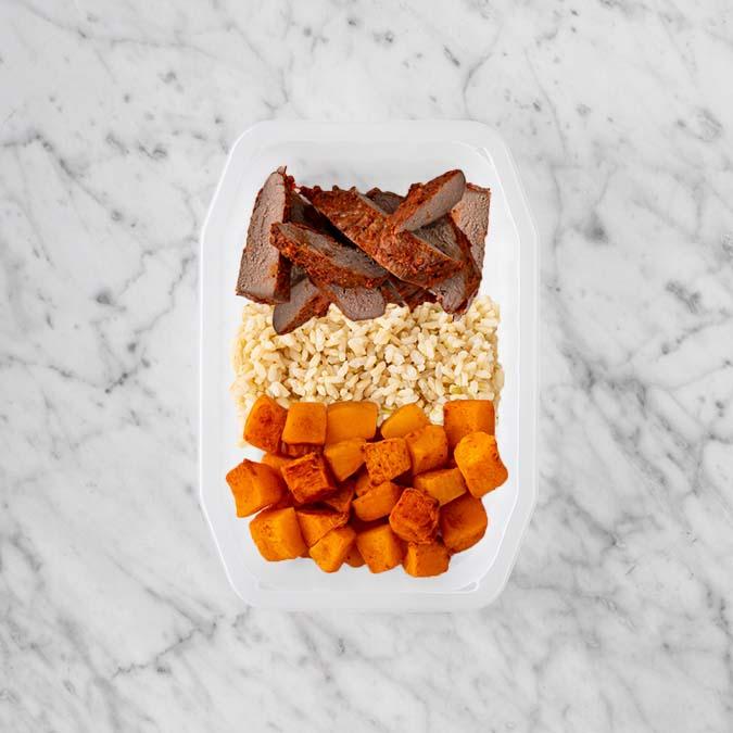 150g Smokey BBQ Steak 200g Brown Rice 100g Rosemary Baked Sweet Potato