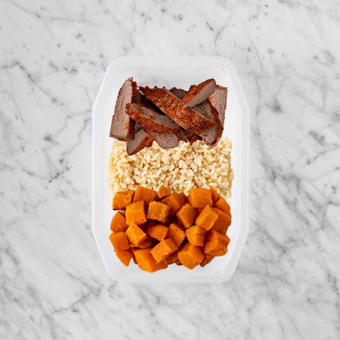150g Smokey BBQ Steak 100g Brown Rice 100g Smokey Pumpkin