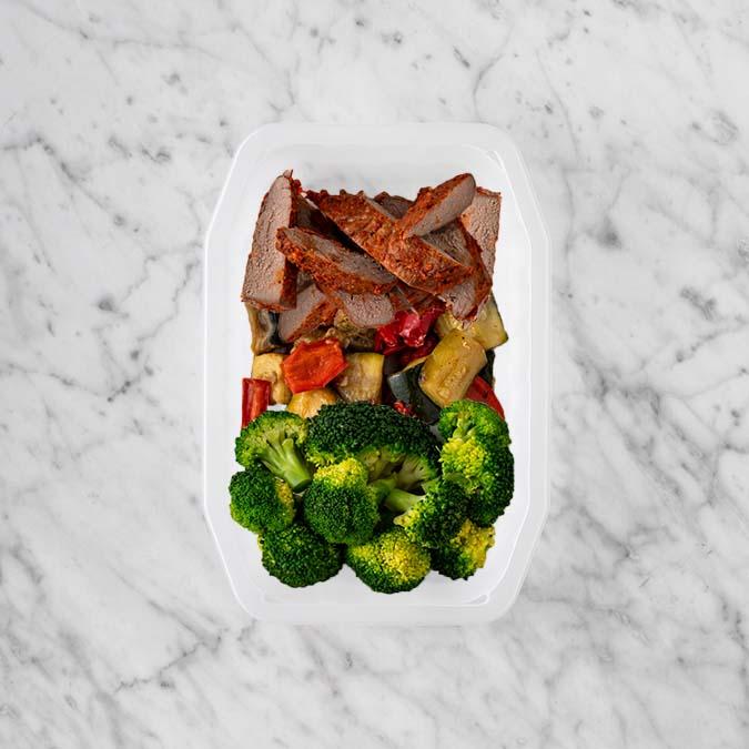 150g Smokey BBQ Steak 100g Char Veg 100g Broccoli