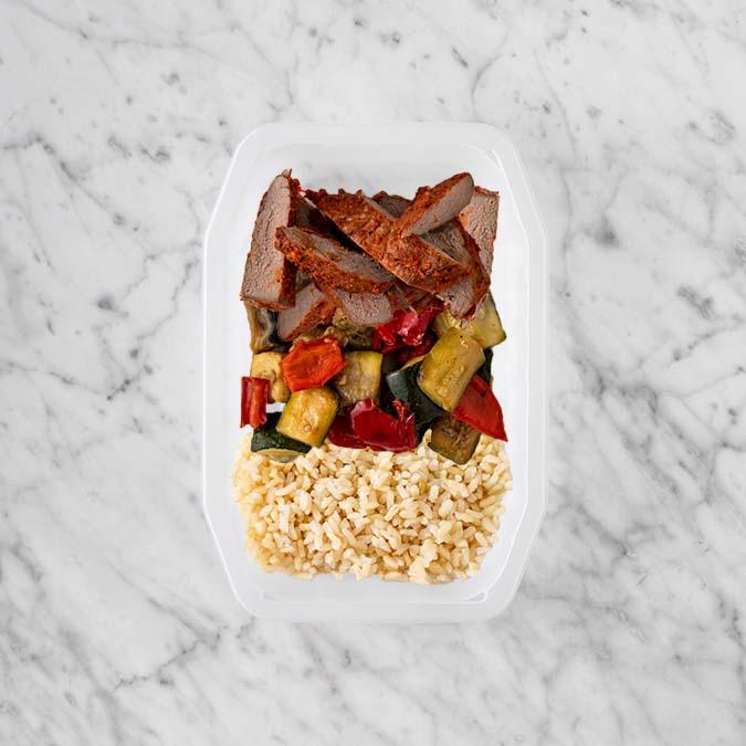 200g Smokey BBQ Steak 100g Char Veg 100g Brown Rice