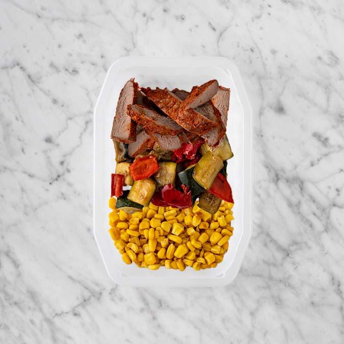 100g Smokey BBQ Steak 150g Char Veg 200g Corn