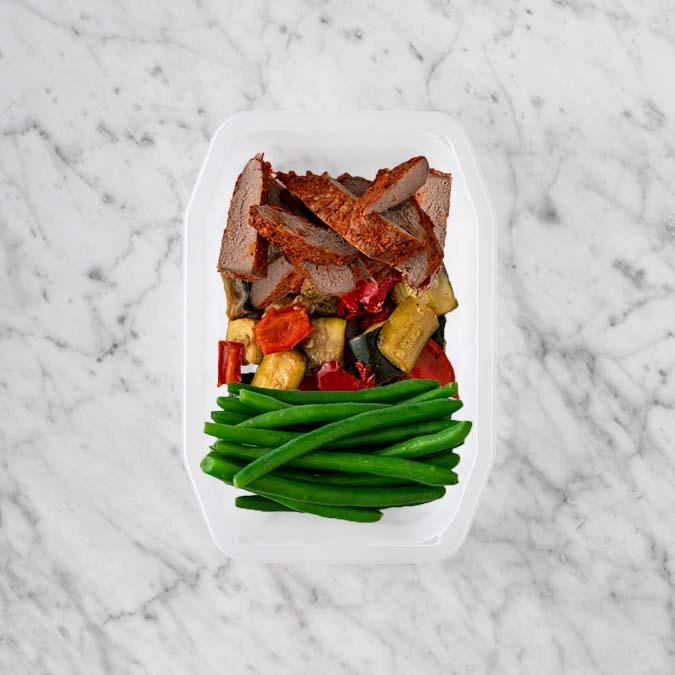 100g Smokey BBQ Steak 150g Char Veg 250g Green Beans
