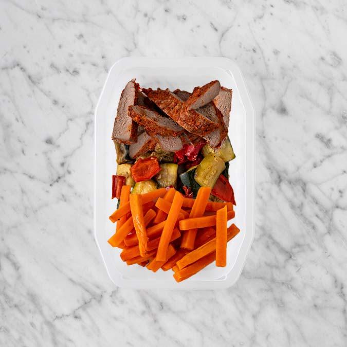 150g Smokey BBQ Steak 50g Char Veg 50g Honey Baked Carrots