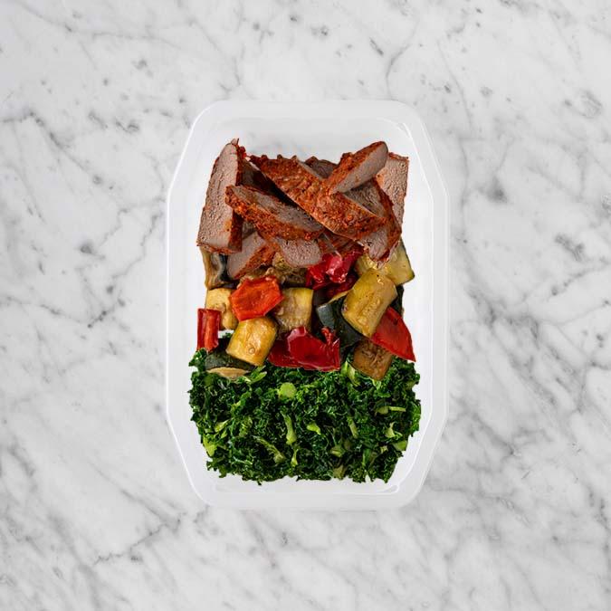 200g Smokey BBQ Steak 200g Char Veg 100g Kale