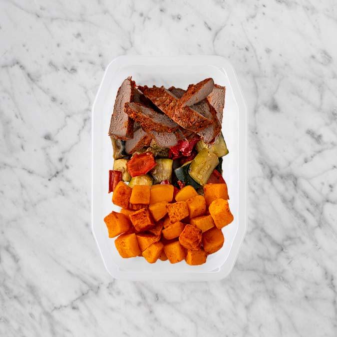 100g Smokey BBQ Steak 150g Char Veg 100g Rosemary Baked Sweet Potato