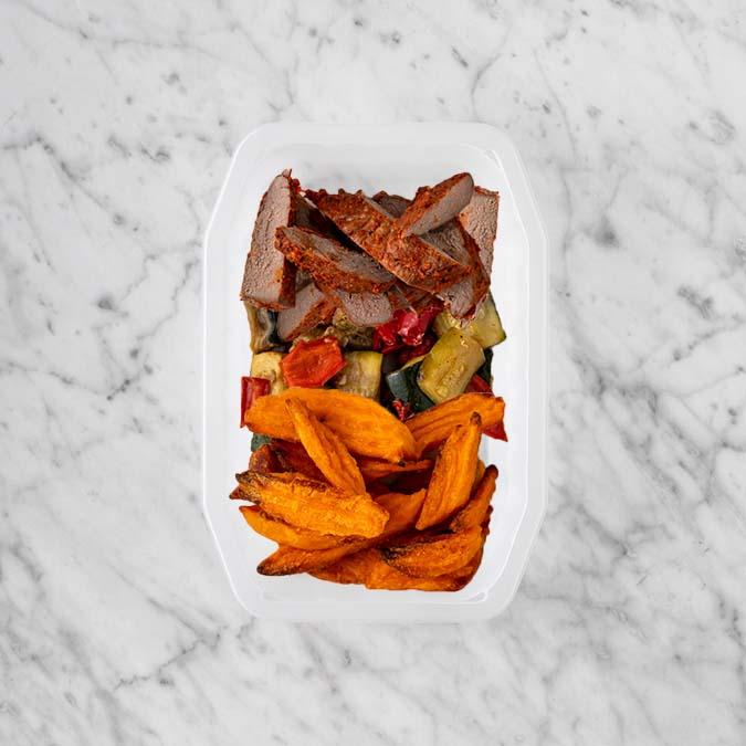 100g Smokey BBQ Steak 100g Char Veg 100g Sweet Potato Fries