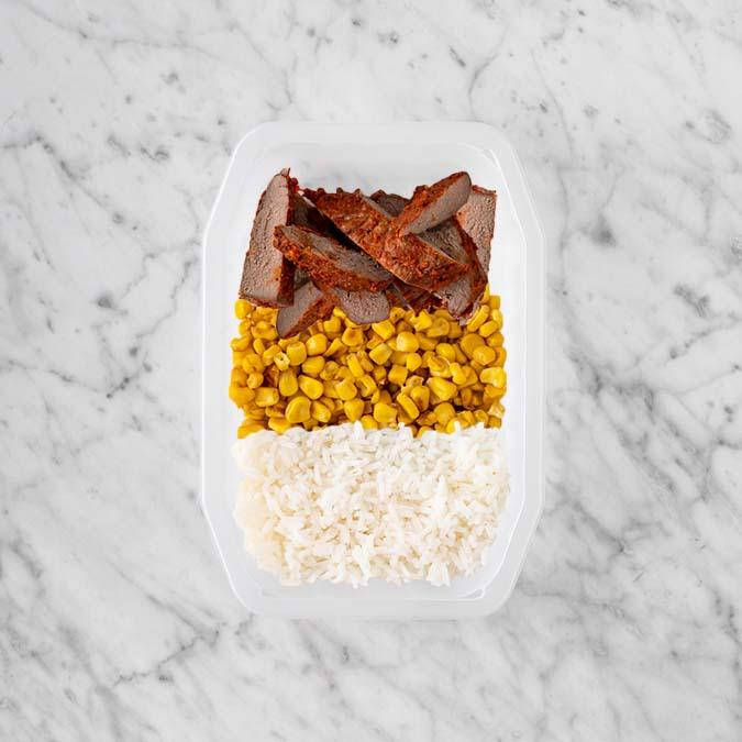100g Smokey BBQ Steak 150g Corn 50g Basmati Rice