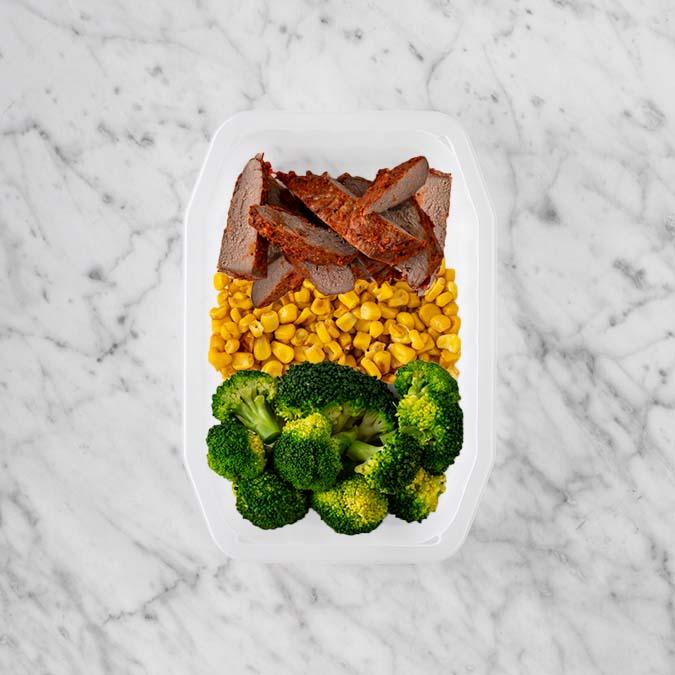 100g Smokey BBQ Steak 150g Corn 200g Broccoli