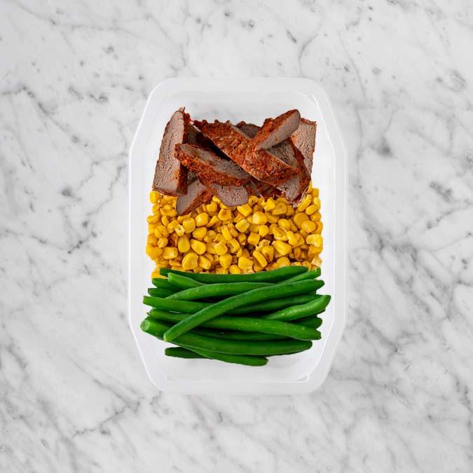 100g Smokey BBQ Steak 150g Corn 50g Green Beans