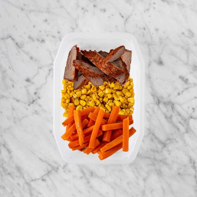 100g Smokey BBQ Steak 150g Corn 100g Honey Baked Carrots