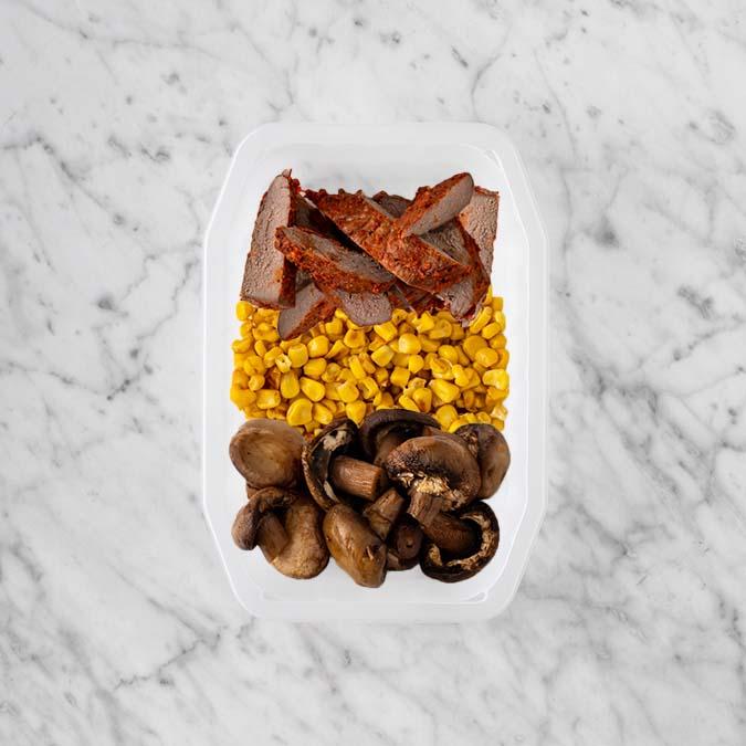 100g Smokey BBQ Steak 150g Corn 50g Mushrooms