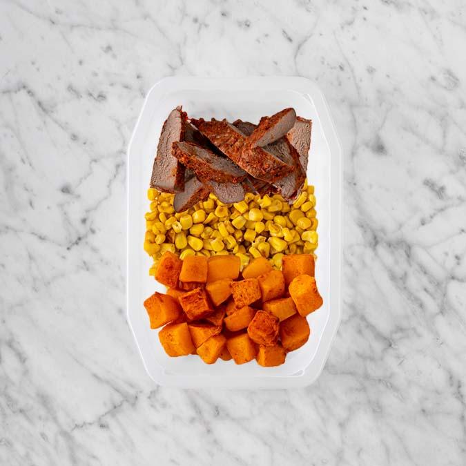 250g Smokey BBQ Steak 100g Corn 200g Rosemary Baked Sweet Potato
