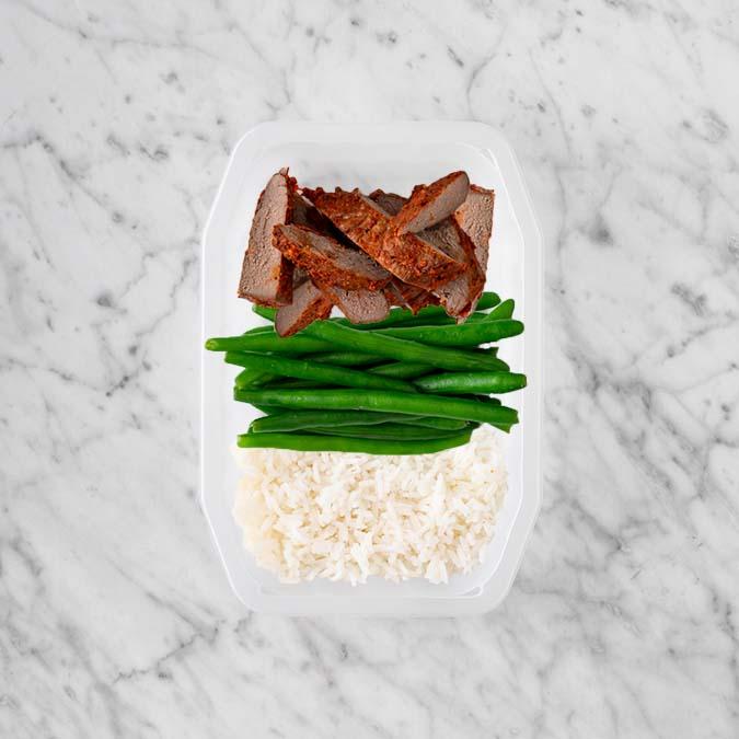 100g Smokey BBQ Steak 150g Green Beans 200g Basmati Rice