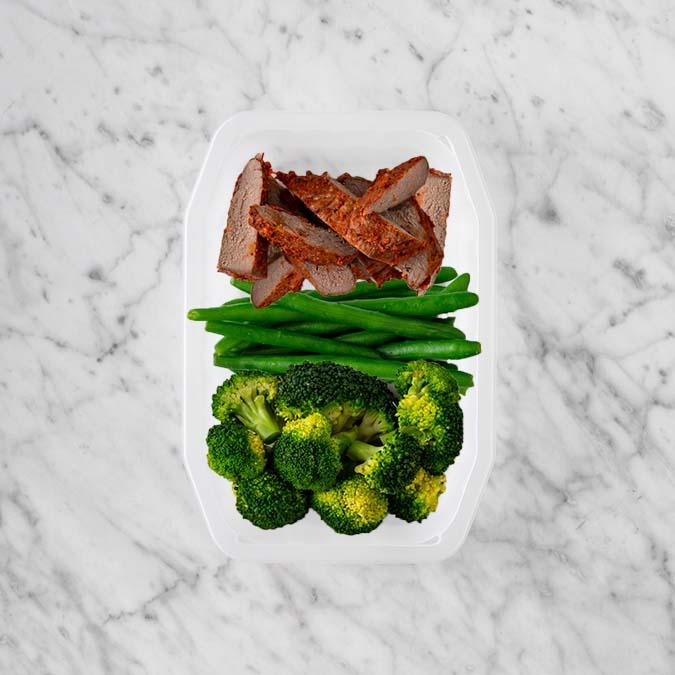 100g Smokey BBQ Steak 150g Green Beans 50g Broccoli