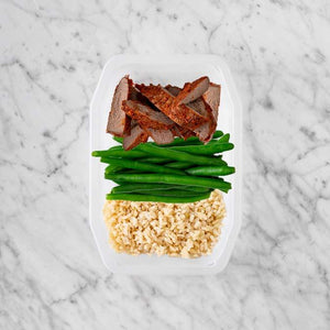 100g Smokey BBQ Steak 150g Green Beans 200g Brown Rice